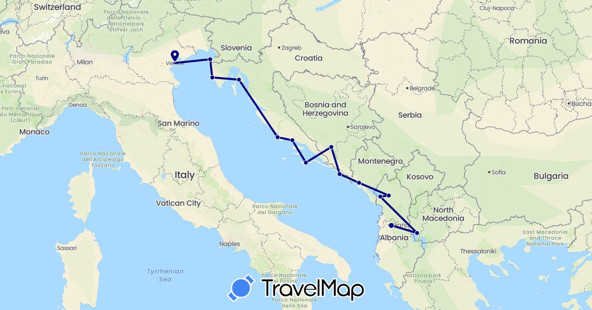TravelMap itinerary: driving in Albania, Bosnia and Herzegovina, Croatia, Italy, Montenegro, Macedonia, Slovenia (Europe)